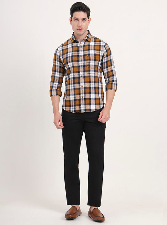 Orange & White Checked Slim Fit Casual Shirt | Greenfibre