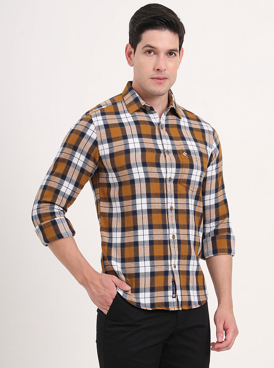 Orange & White Checked Slim Fit Casual Shirt | Greenfibre