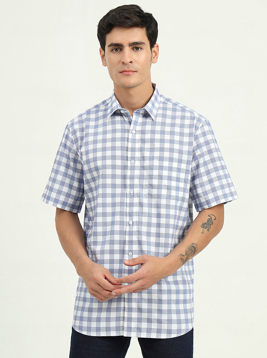 Light Blue Checked Slim Fit Semi Casual Shirt | Greenfibre