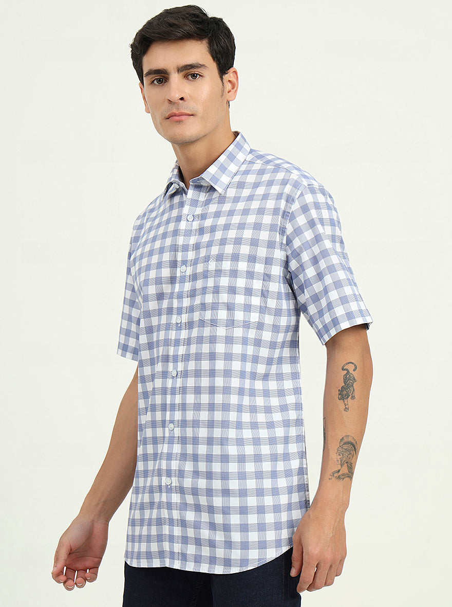 Light Blue Checked Slim Fit Semi Casual Shirt | Greenfibre