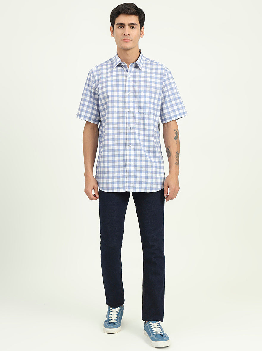 Light Blue Checked Slim Fit Semi Casual Shirt | Greenfibre