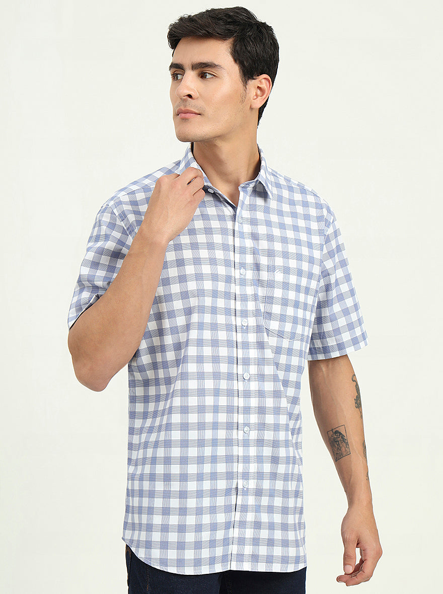 Light Blue Checked Slim Fit Semi Casual Shirt | Greenfibre
