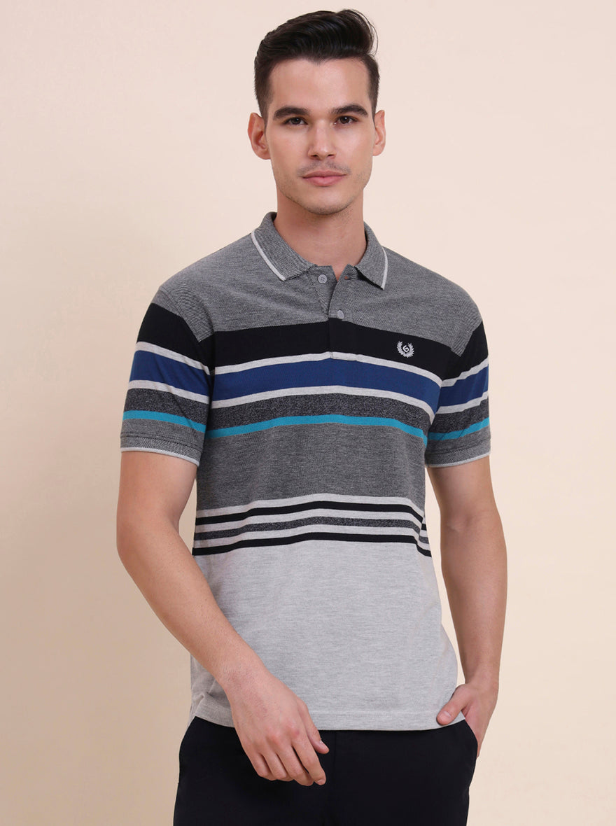 Grey & Royal Blue Striped Slim Fit Polo T-Shirt | Greenfibre