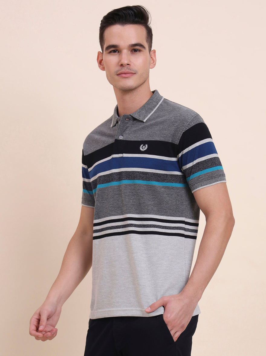 Grey & Royal Blue Striped Slim Fit Polo T-Shirt | Greenfibre