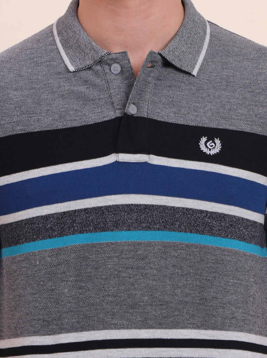 Grey & Royal Blue Striped Slim Fit Polo T-Shirt | Greenfibre