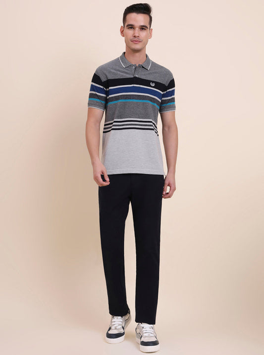 Grey & Royal Blue Striped Slim Fit Polo T-Shirt | Greenfibre