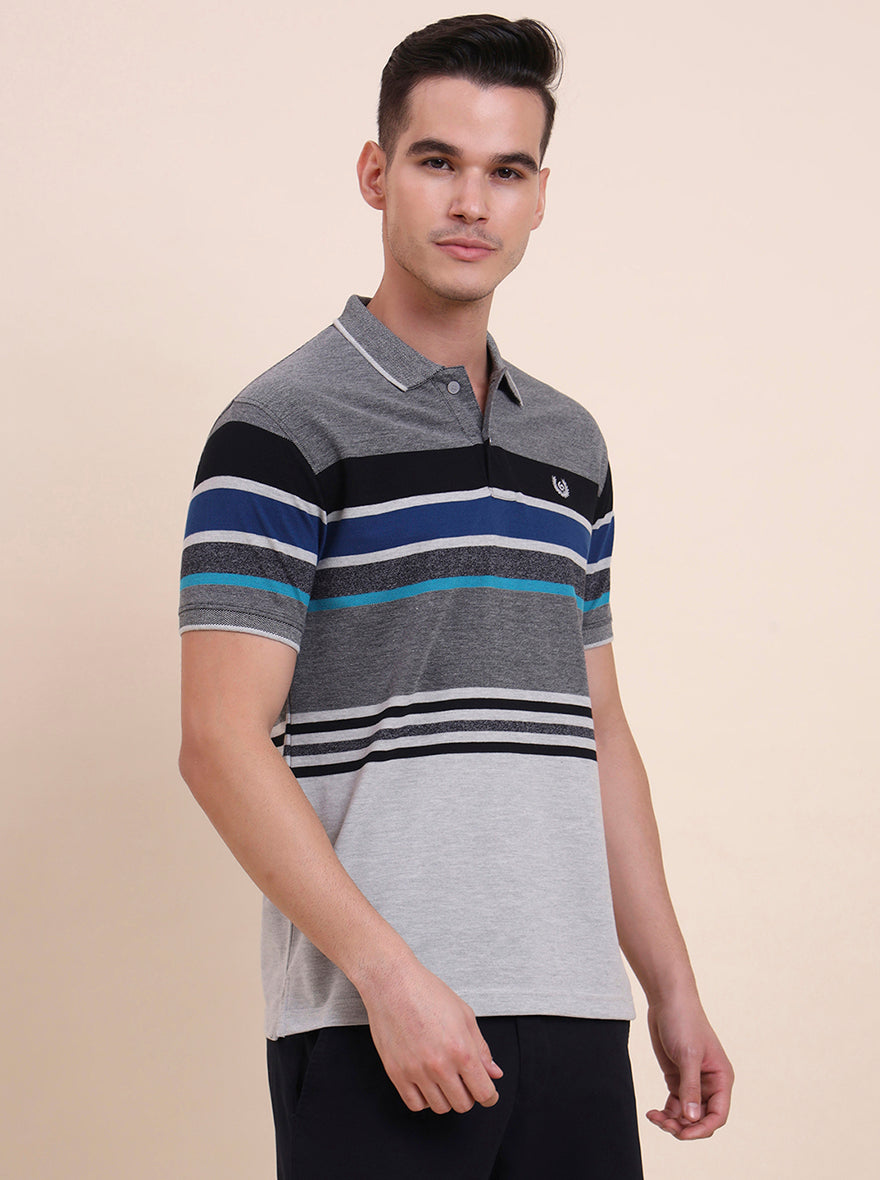 Grey & Royal Blue Striped Slim Fit Polo T-Shirt | Greenfibre