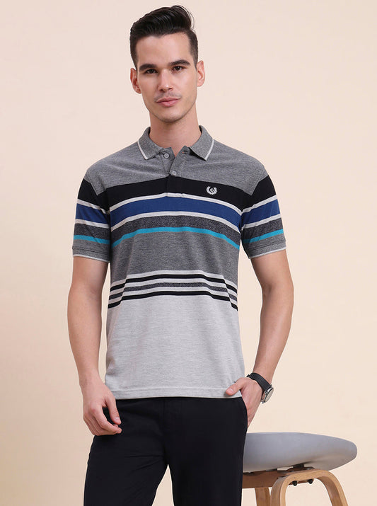 Grey & Royal Blue Striped Slim Fit Polo T-Shirt | Greenfibre