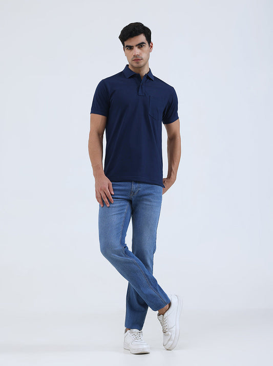 Indigo Blue Solid Regular Fit Polo T-Shirt | Greenfibre