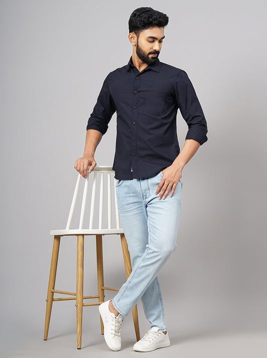 Navy Blue Solid Slim Fit Casual Shirt | Greenfibre