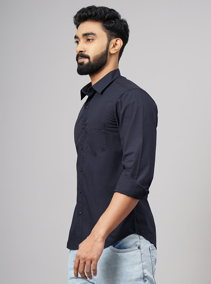 Navy Blue Solid Slim Fit Casual Shirt | Greenfibre