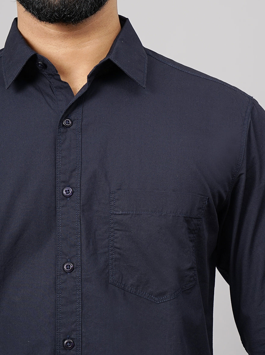 Navy Blue Solid Slim Fit Casual Shirt | Greenfibre