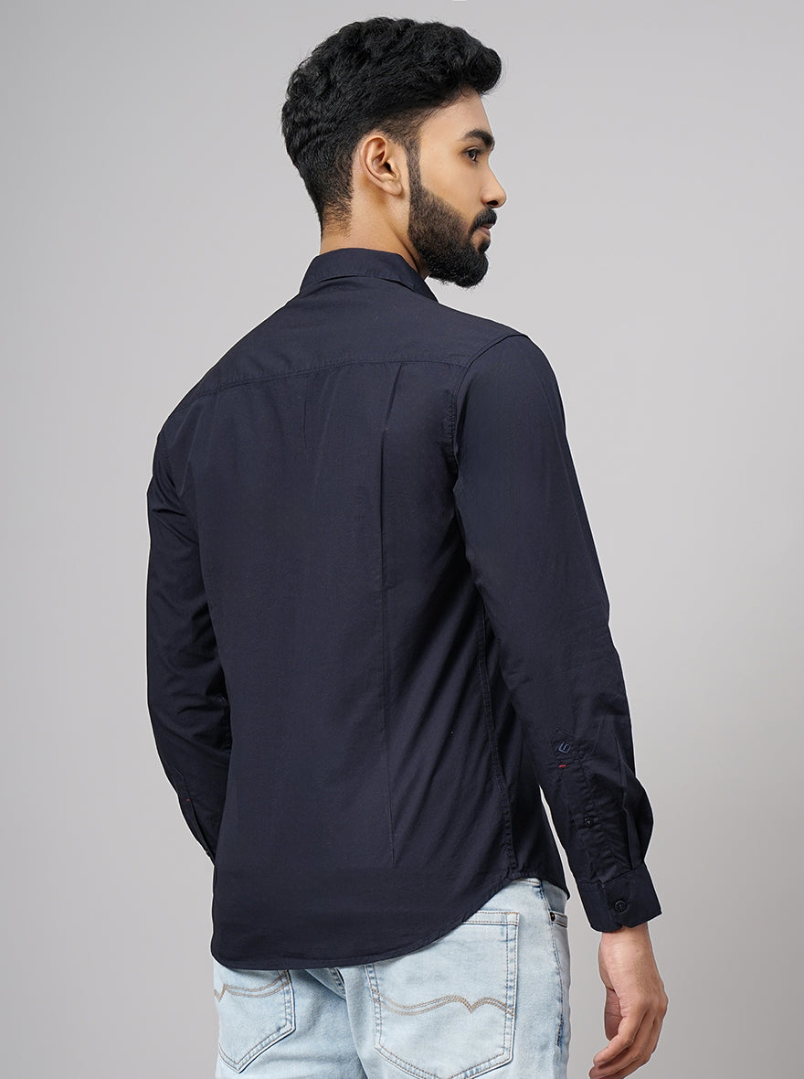 Navy Blue Solid Slim Fit Casual Shirt | Greenfibre