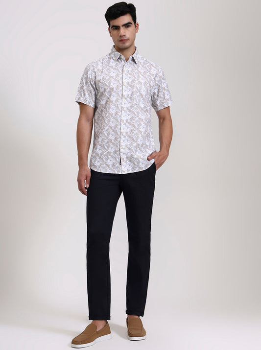 Khaki Printed Slim Fit Casual Shirt | Greenfibre