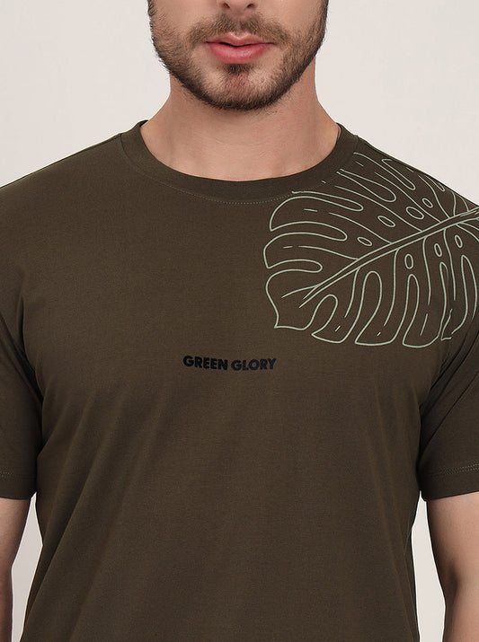 Olive Printed Slim Fit T-Shirt | JadeBlue
