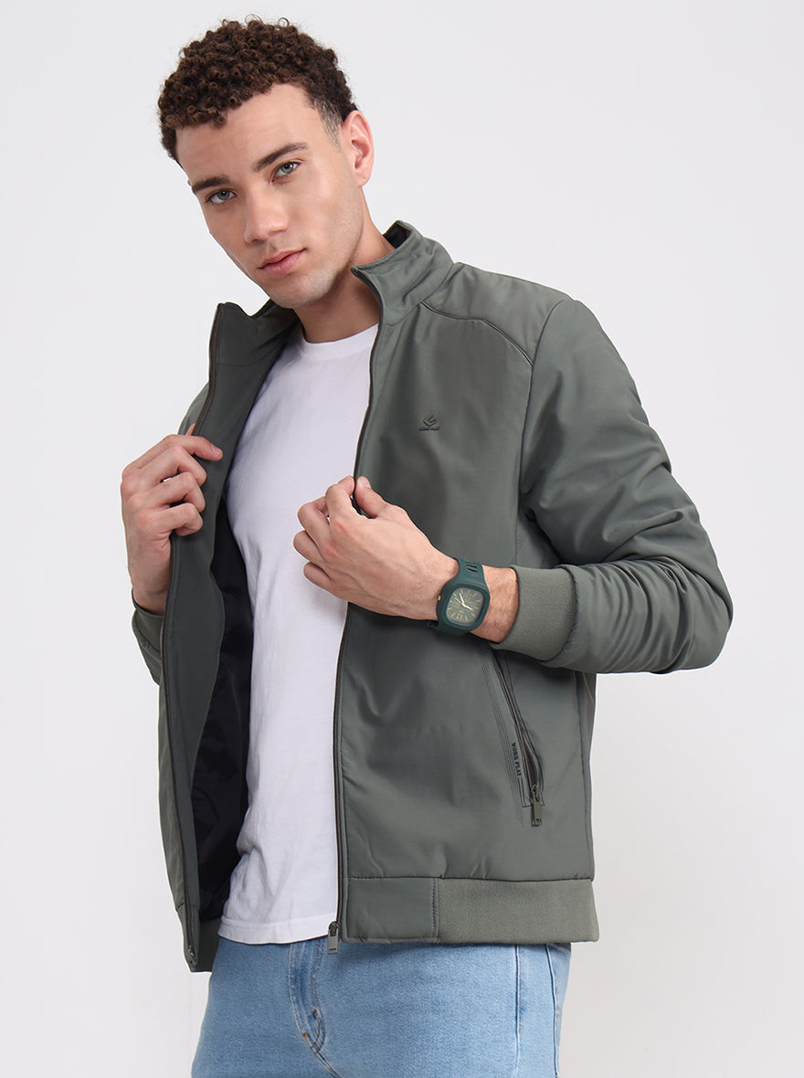 Olive Green Solid Slim Fit Winter Jacket | Greenfibre