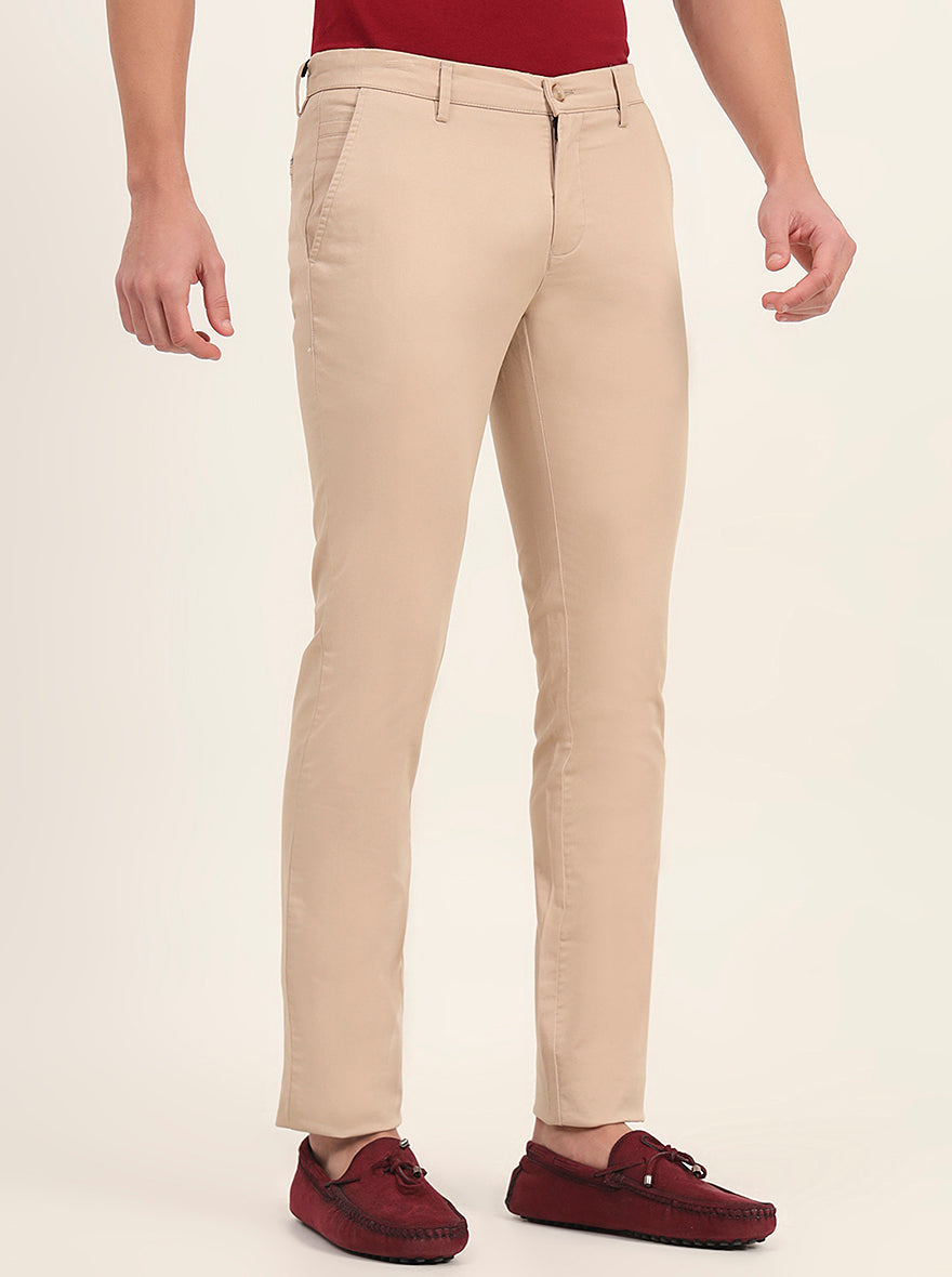 Beige Solid Super Slim Fit Casual Trouser | Greenfibre