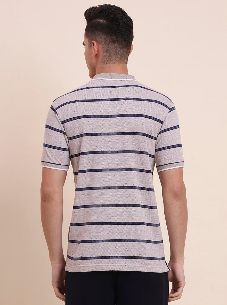 Beige & Navy Blue Striped Slim Fit Polo T-Shirt | Greenfibre