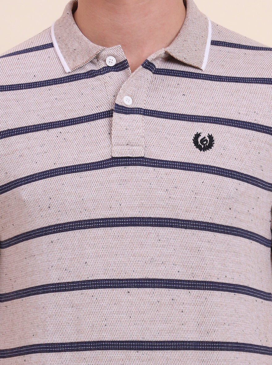 Beige & Navy Blue Striped Slim Fit Polo T-Shirt | Greenfibre