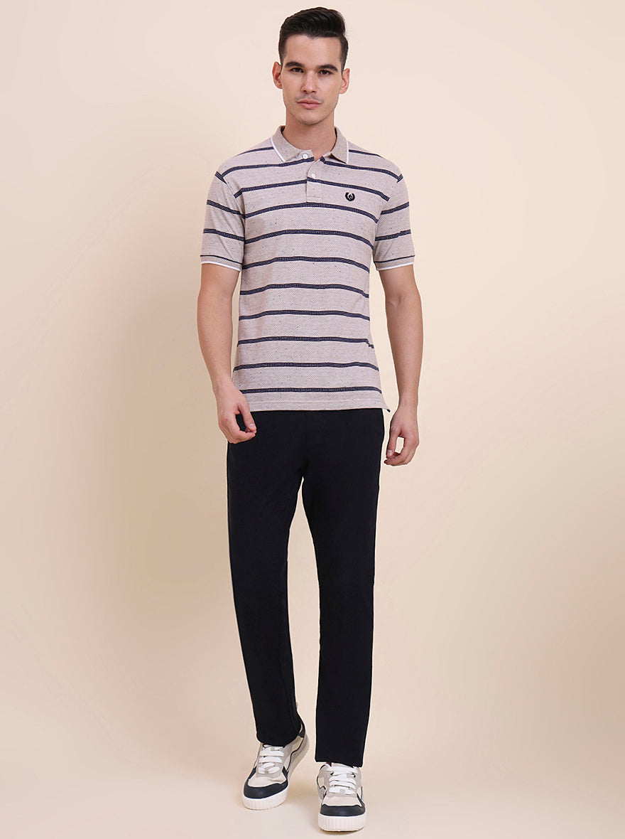 Beige & Navy Blue Striped Slim Fit Polo T-Shirt | Greenfibre
