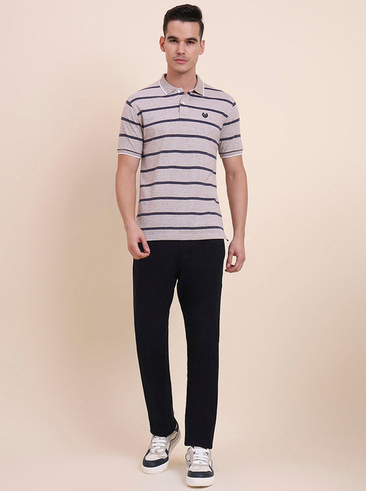 Beige & Navy Blue Striped Slim Fit Polo T-Shirt | Greenfibre