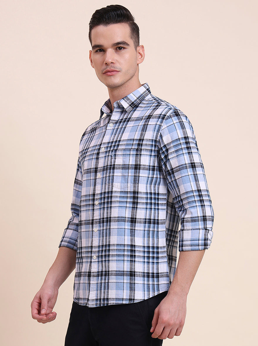 Blue Checked Slim Fit Casual Shirt | Greenfibre