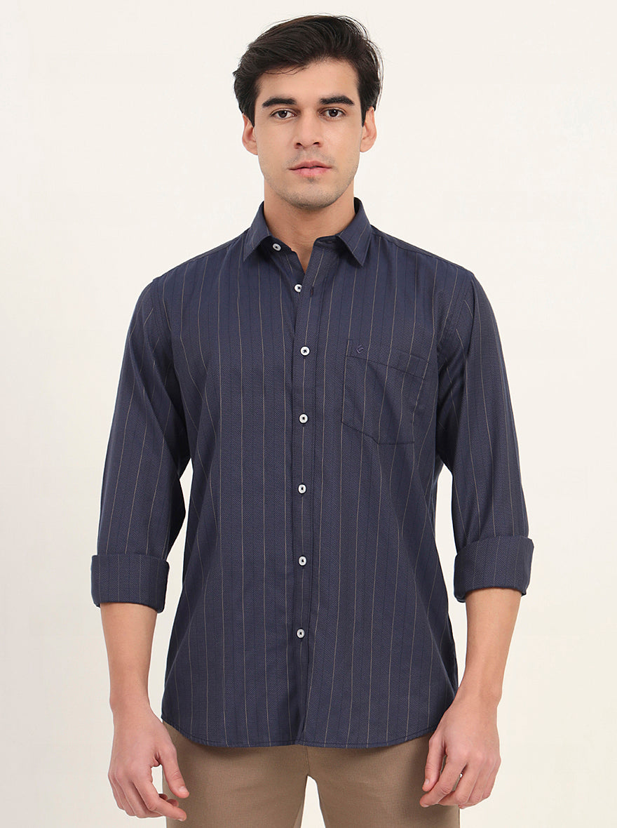 Navy Blue Striped Slim Fit Semi Casual Shirt | Greenfibre