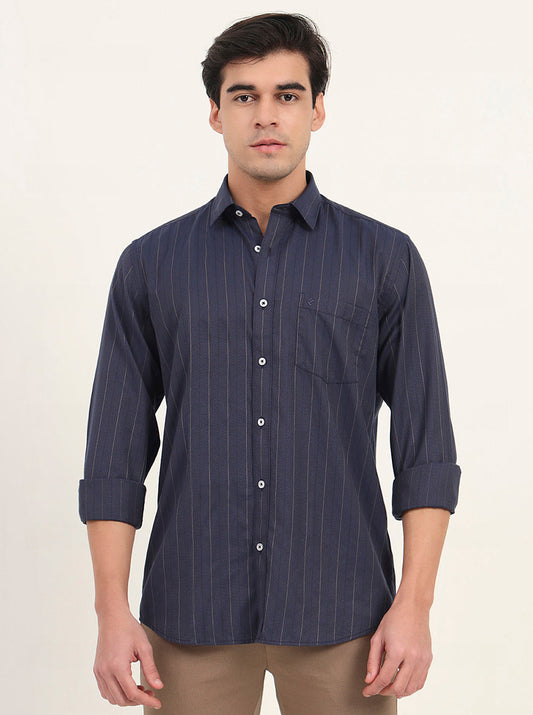 Navy Blue Striped Slim Fit Semi Casual Shirt | Greenfibre