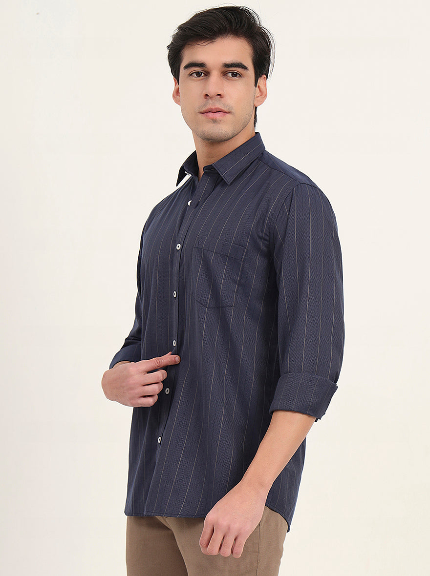 Navy Blue Striped Slim Fit Semi Casual Shirt | Greenfibre