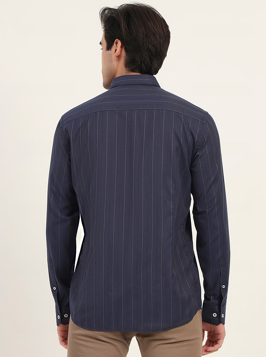 Navy Blue Striped Slim Fit Semi Casual Shirt | Greenfibre