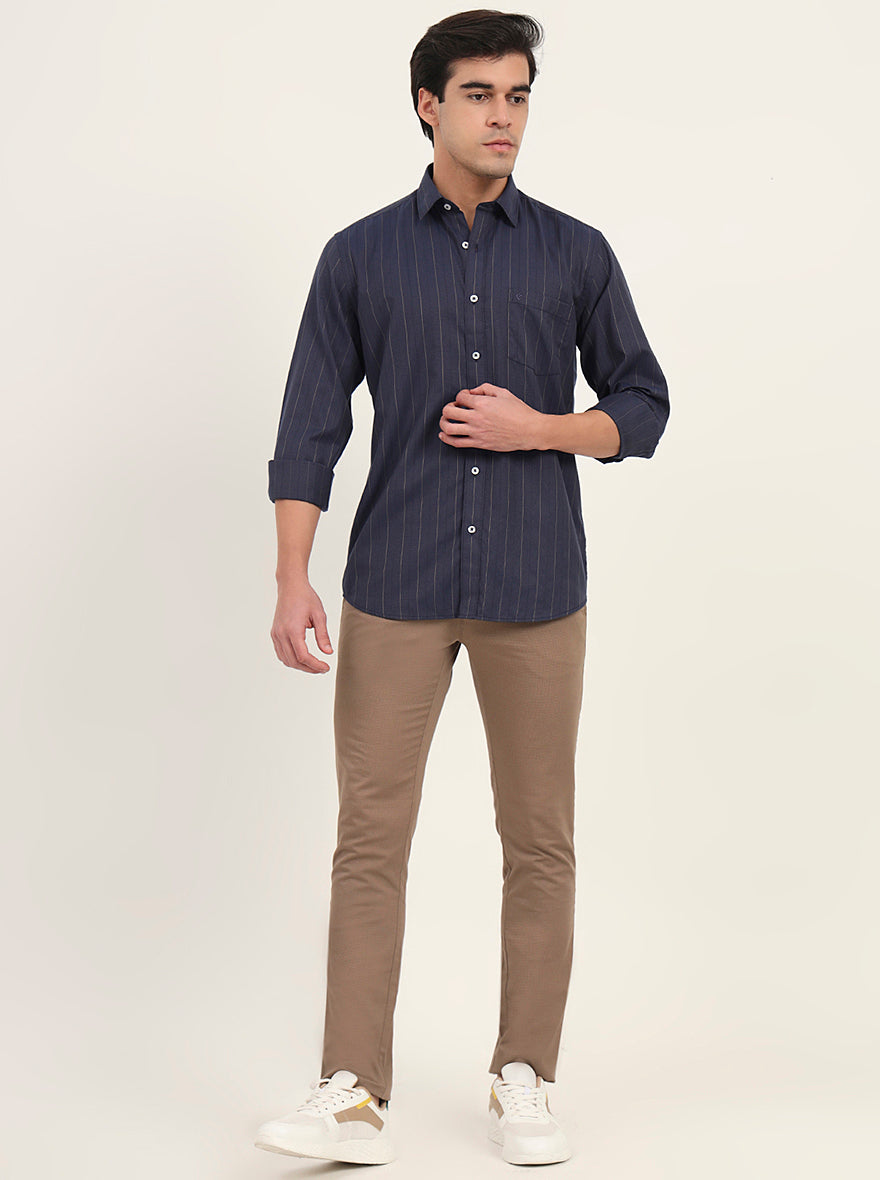 Navy Blue Striped Slim Fit Semi Casual Shirt | Greenfibre