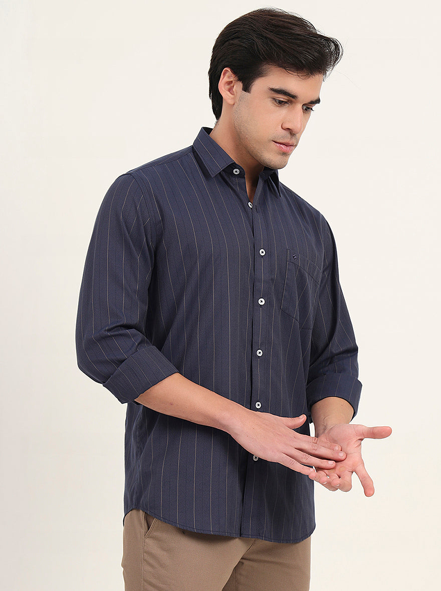 Navy Blue Striped Slim Fit Semi Casual Shirt | Greenfibre