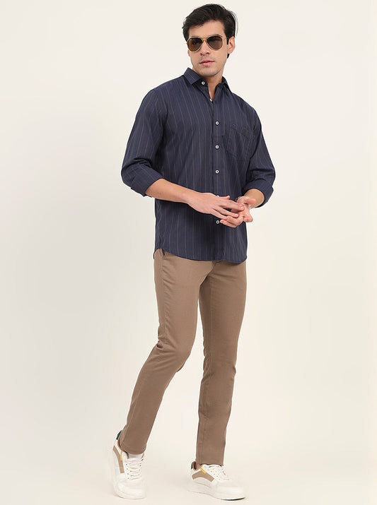 Navy Blue Striped Slim Fit Semi Casual Shirt | Greenfibre