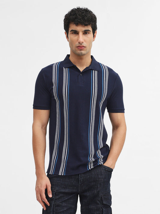 Navy Blue & White Striped Slim Fit Polo T-Shirt | Greenfibre