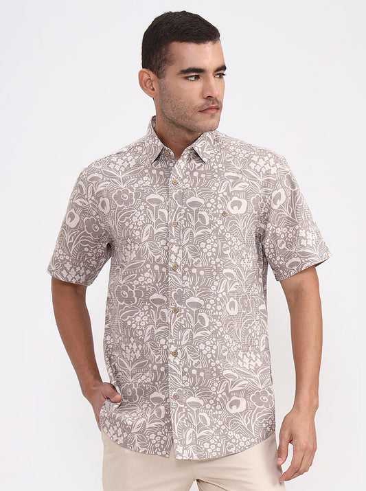 Light Olive Printed Regular Fit Casual Shirt | Greenfibre