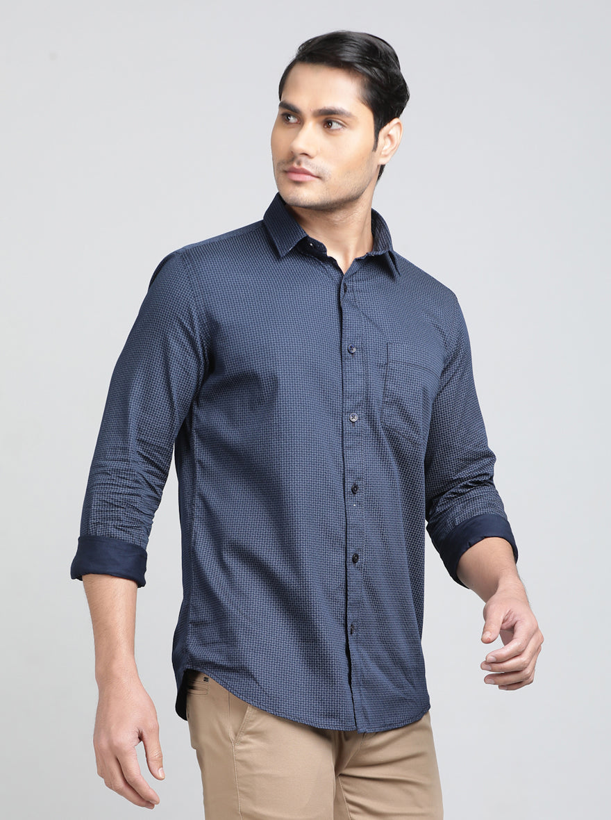 Navy Blue Printed Smart Fit Semi Casual Shirt | Greenfibre