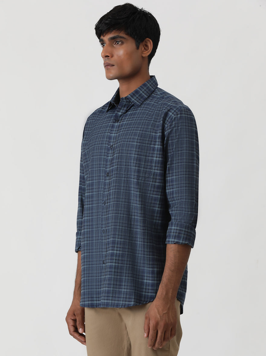 Blue Checked Smart Fit Semi Casual Shirt | Greenfibre
