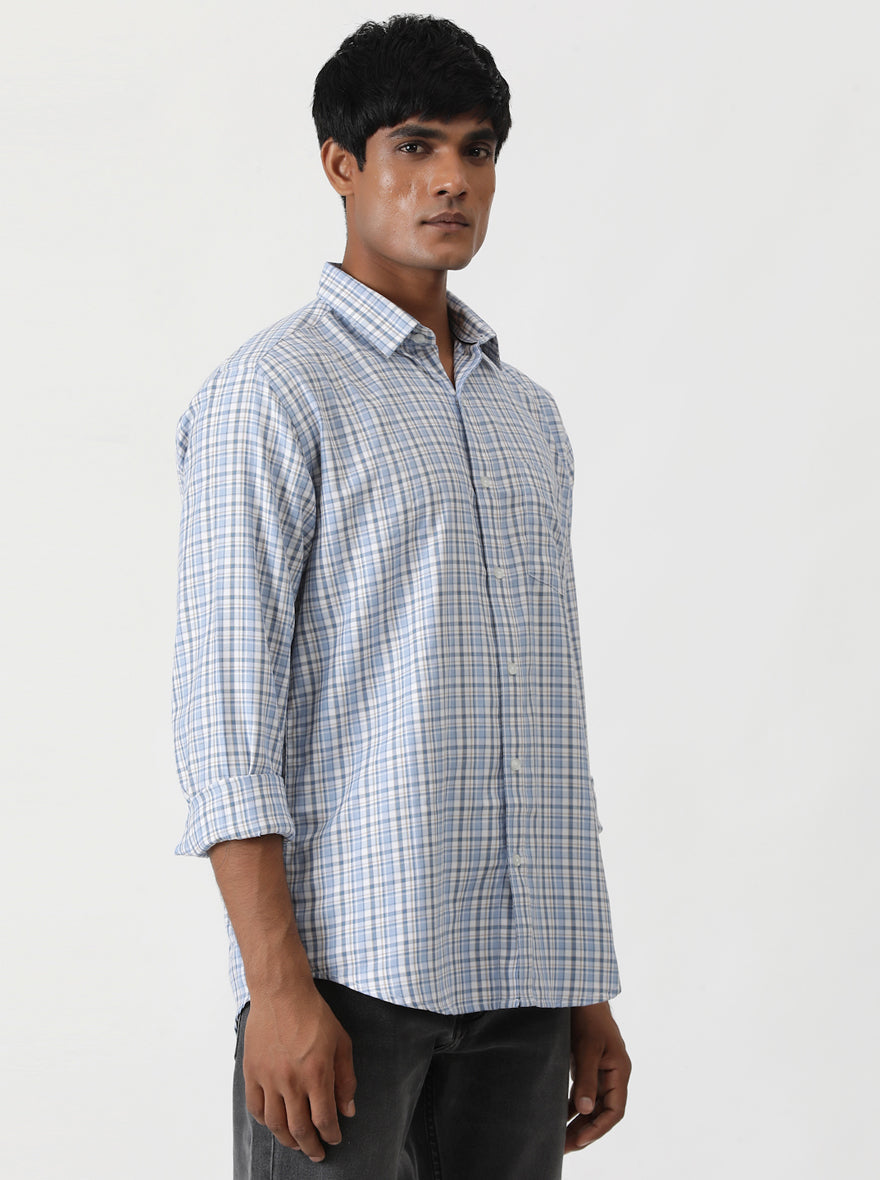 Light Blue Checked Smart Fit Semi Casual Shirt | Greenfibre