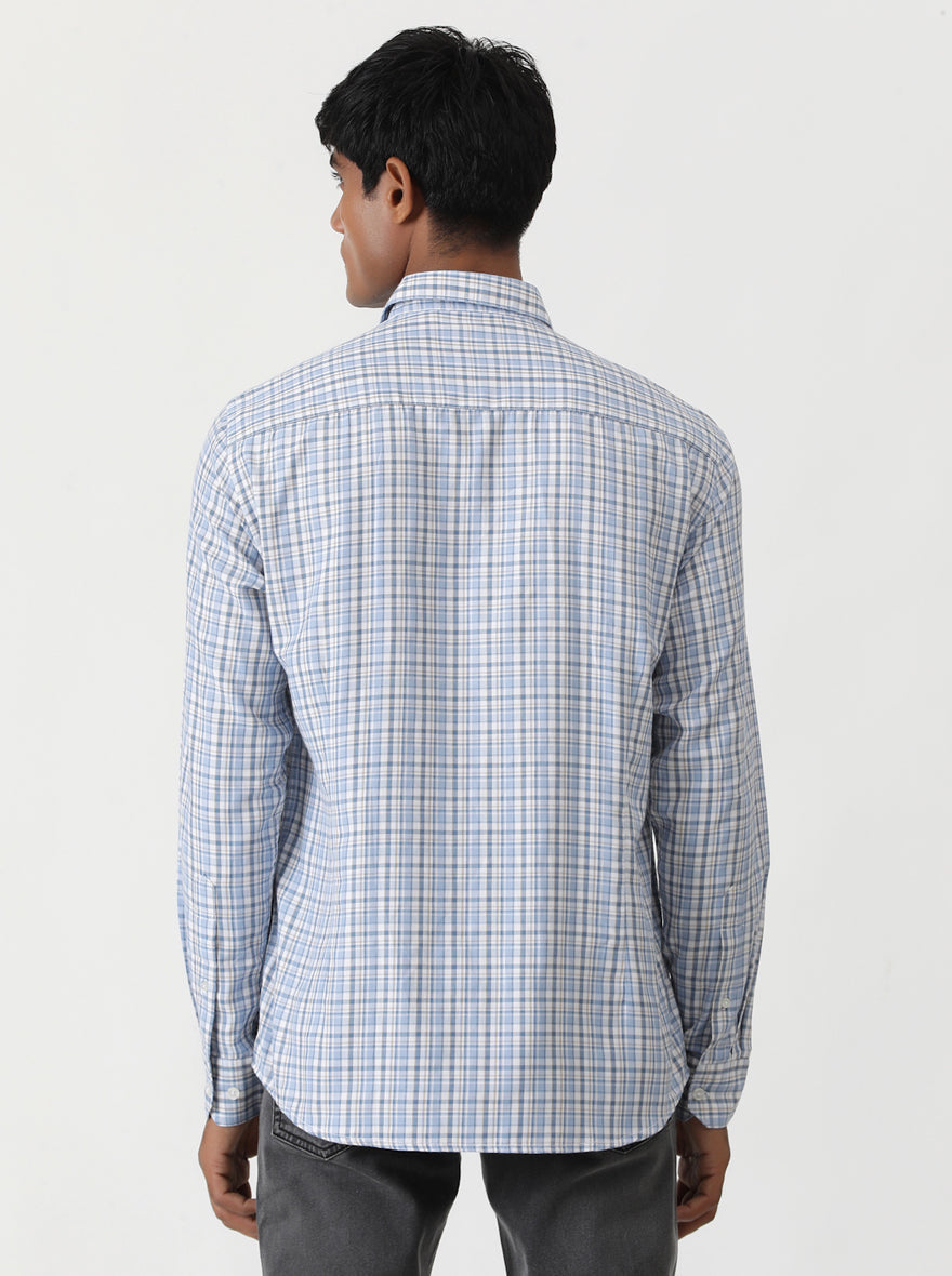 Light Blue Checked Smart Fit Semi Casual Shirt | Greenfibre