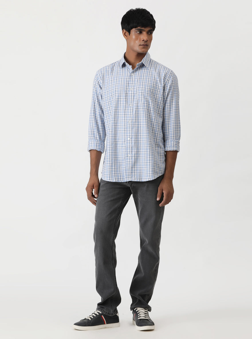 Light Blue Checked Smart Fit Semi Casual Shirt | Greenfibre