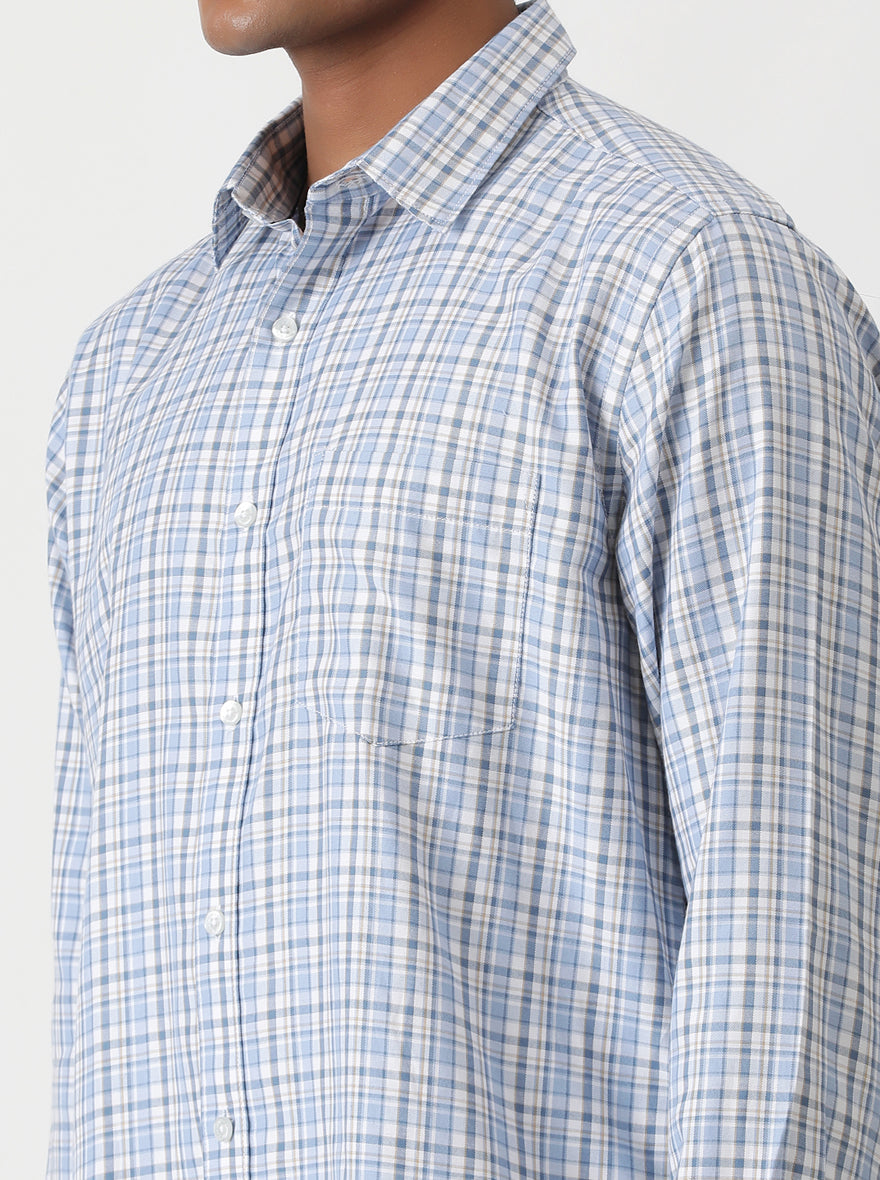 Light Blue Checked Smart Fit Semi Casual Shirt | Greenfibre