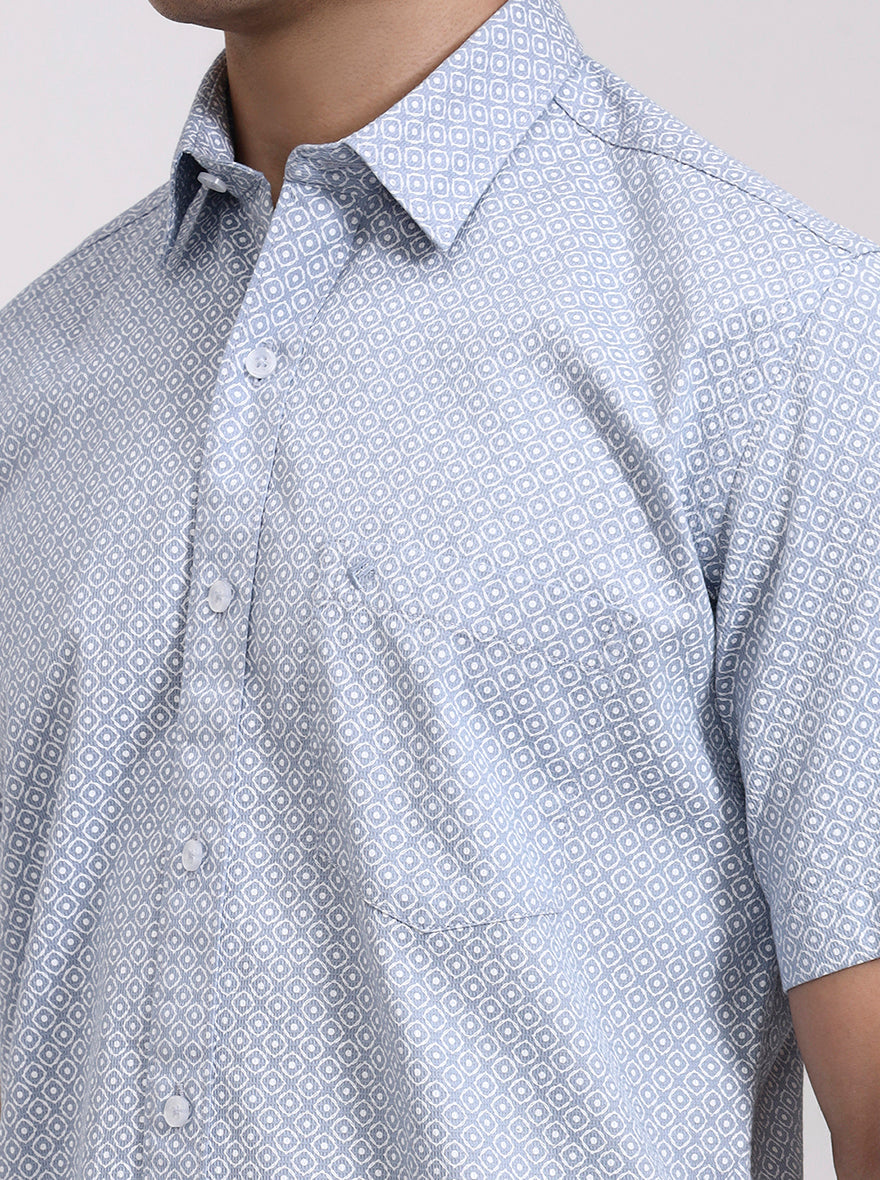Blue Printed Slim Fit Semi Casual Shirt | Greenfibre