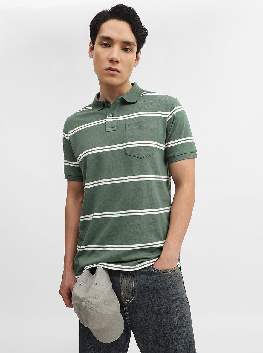 Green & White Striped Slim Fit Polo T-Shirt | Greenfibre
