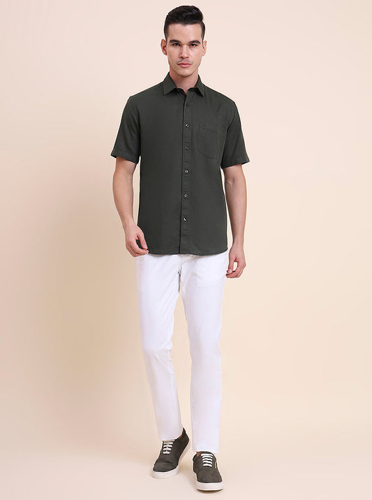 Olive Green Solid Smart Fit Semi Casual Shirt | Greenfibre