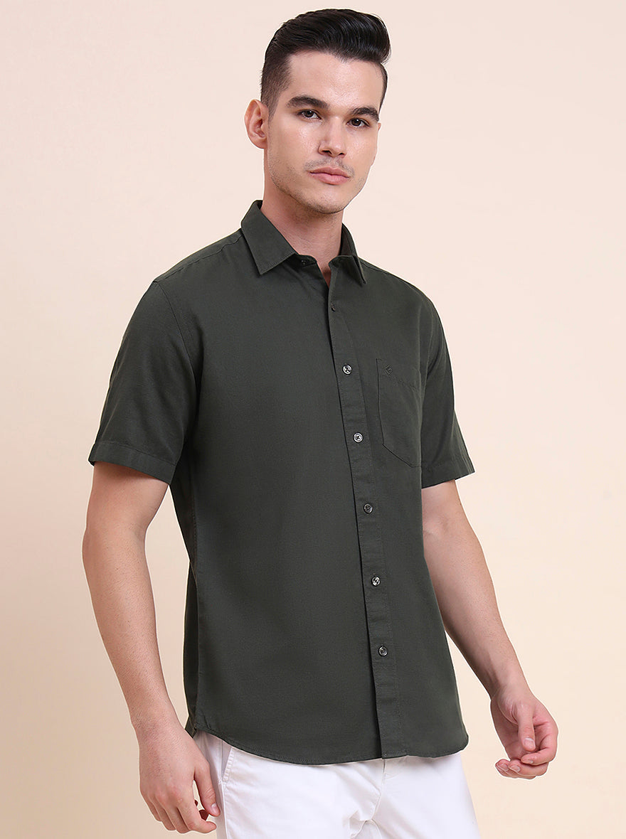 Olive Green Solid Smart Fit Semi Casual Shirt | Greenfibre