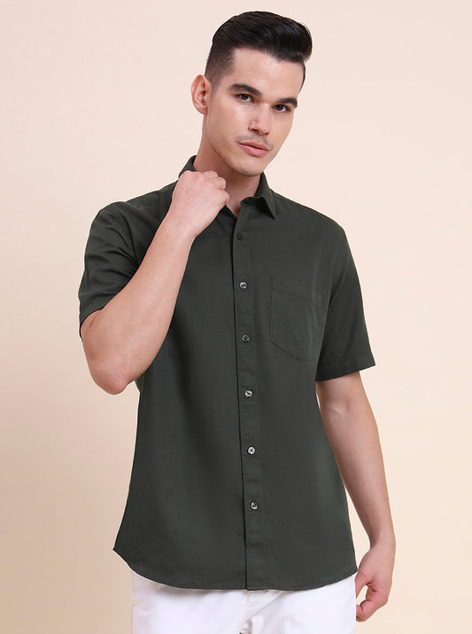 Olive Green Solid Smart Fit Semi Casual Shirt | Greenfibre