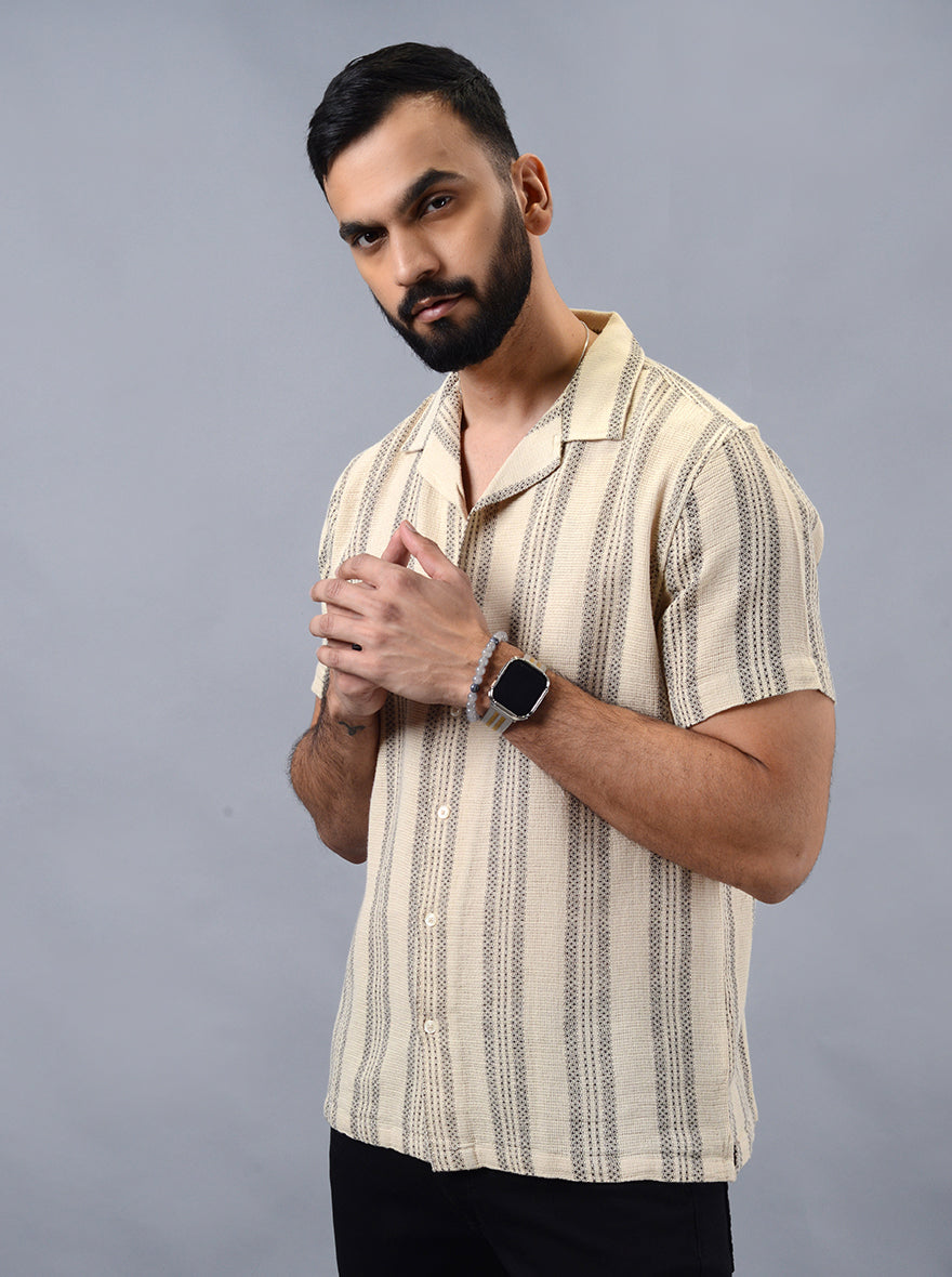 Beige Striped Slim Fit Casual Shirt | JadeBlue