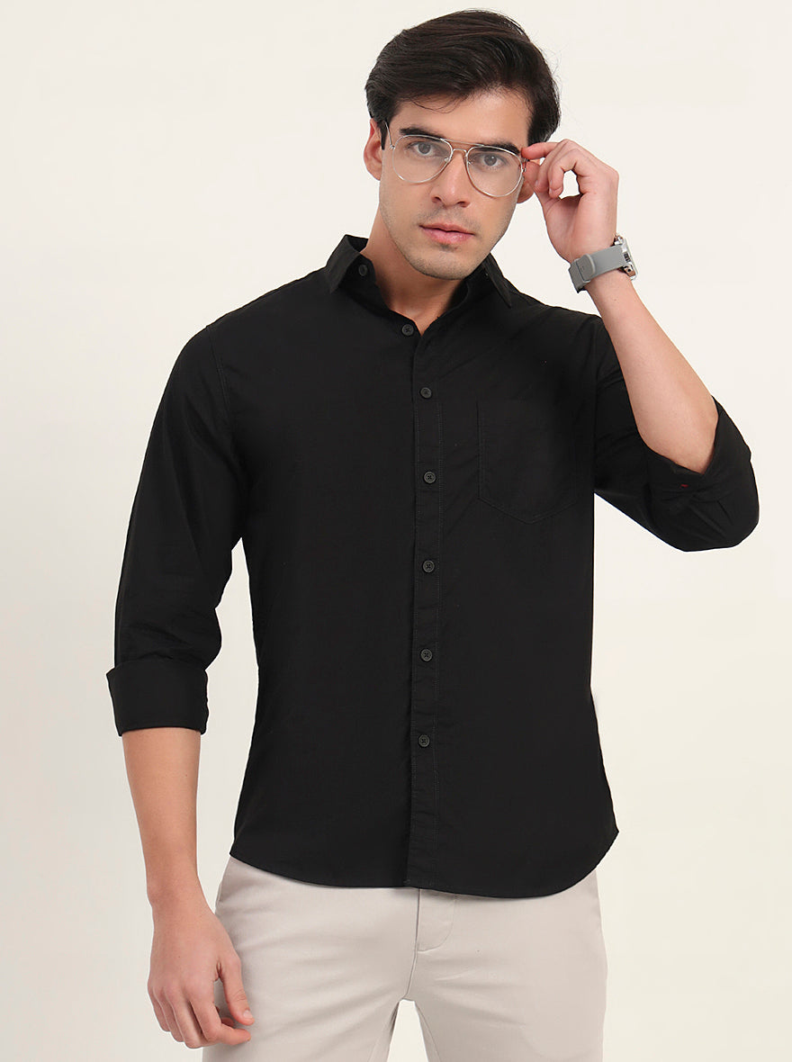 Black Solid Slim Fit Casual Shirt | Greenfibre