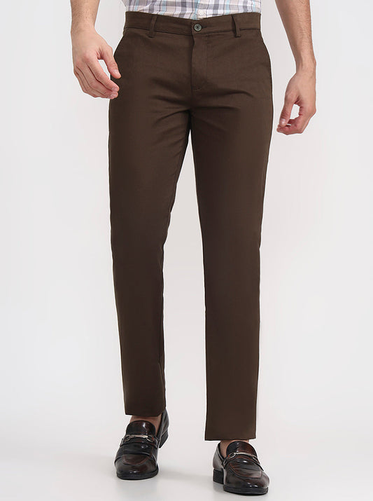 Olive Brown Solid Super Slim Fit Casual Trouser | Greenfibre