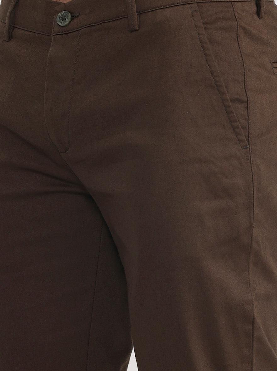 Olive Brown Solid Super Slim Fit Casual Trouser | Greenfibre